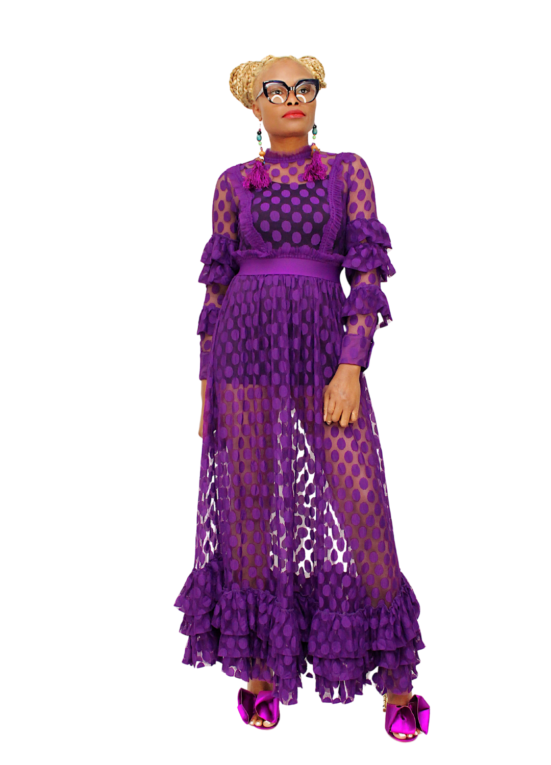 Long Sleeves Lace Ruffle Spring Maxi Dress Small / Purple