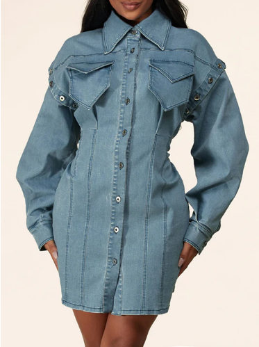 long sleeve denim bodycon dress Women's Petite Indigo Denim Long Sleeve Fitted Mini Dress
